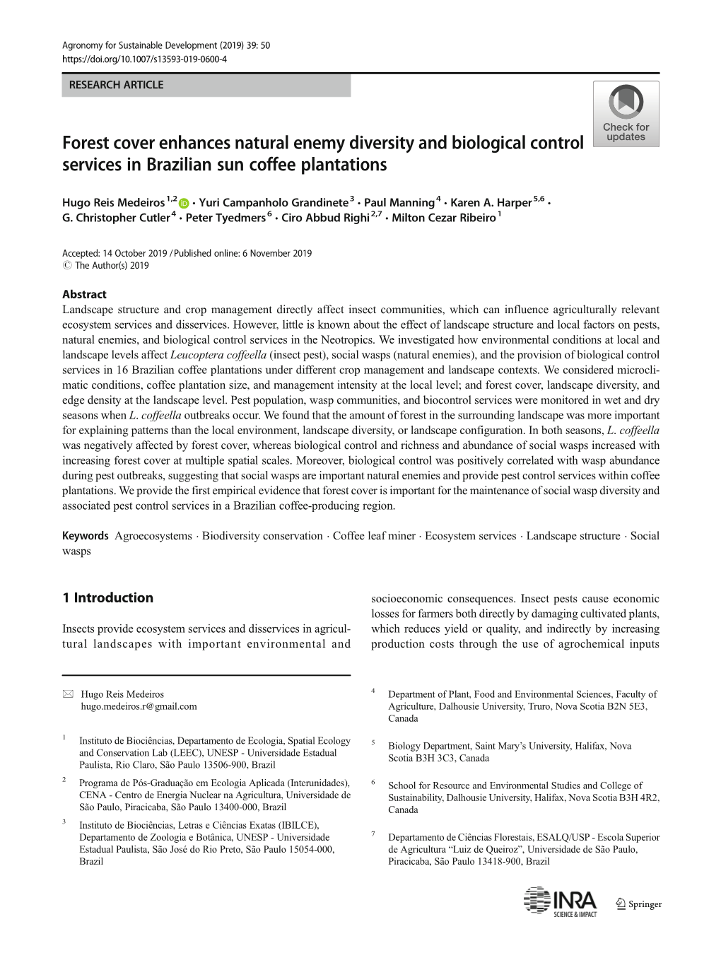 Forest Cover Enhances Natural Enemy Diversity and Biological Control Services in Brazilian Sun Coffee Plantations