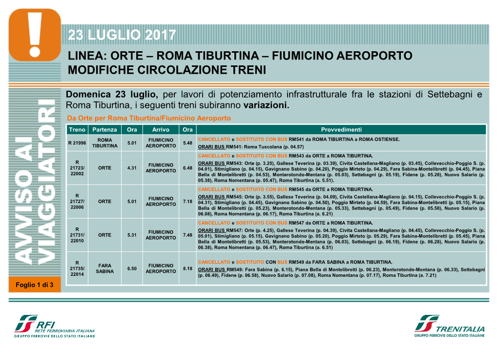 Roma Tiburtina – Fiumicino Aeroporto Modifiche Circolazione Treni