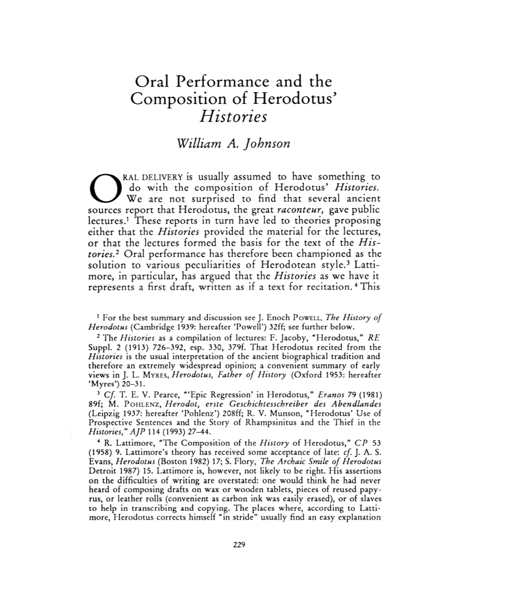 Oral Performance and the Composition of Herodotus' Histories William A