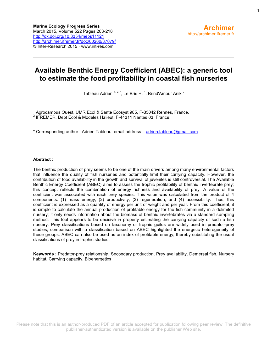 Available Benthic Energy Coefficient (ABEC): a Generic Tool to Estimate the Food Profitability in Coastal Fish Nurseries