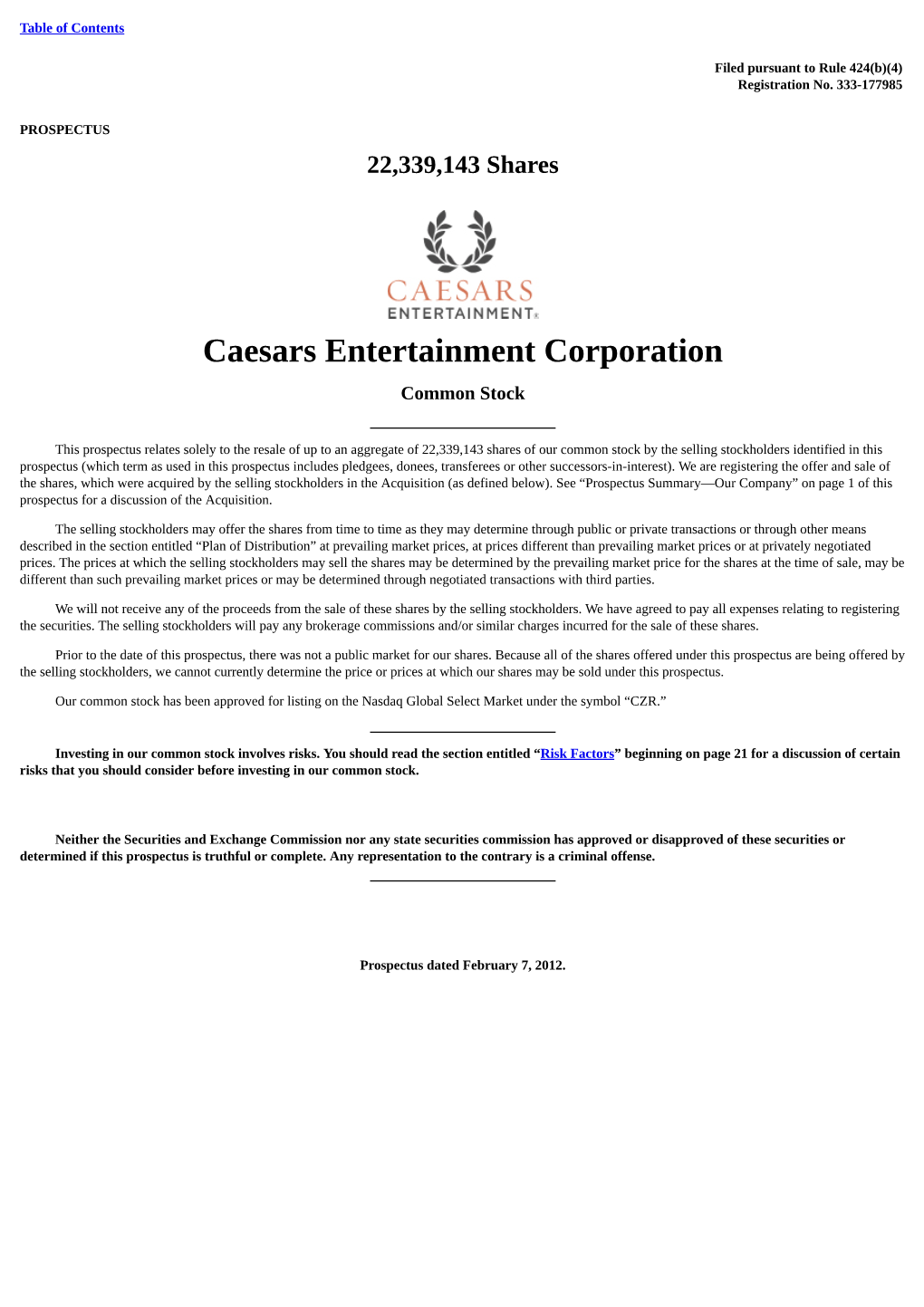 Caesars Entertainment Corporation Common Stock