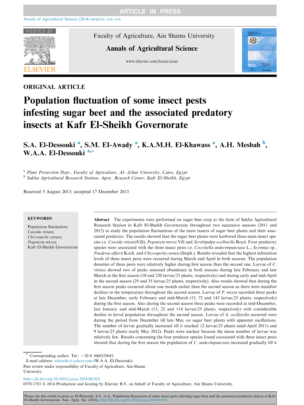 Population Fluctuation of Some Insect Pests Infesting Sugar Beet and The