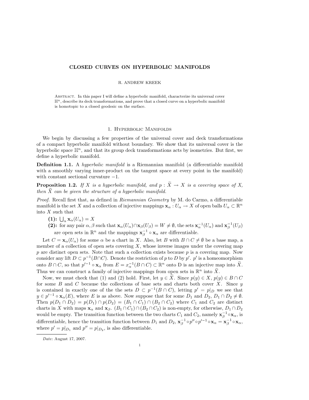 CLOSED CURVES on HYPERBOLIC MANIFOLDS 1. Hyperbolic