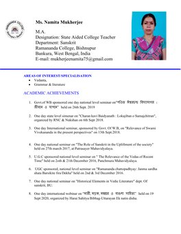 Ms. Namita Mukherjee M.A. Designation: State Aided College
