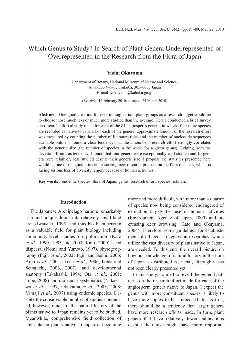 Which Genus to Study? in Search of Plant Genera Underrepresented Or Overrepresented in the Research from the Flora of Japan