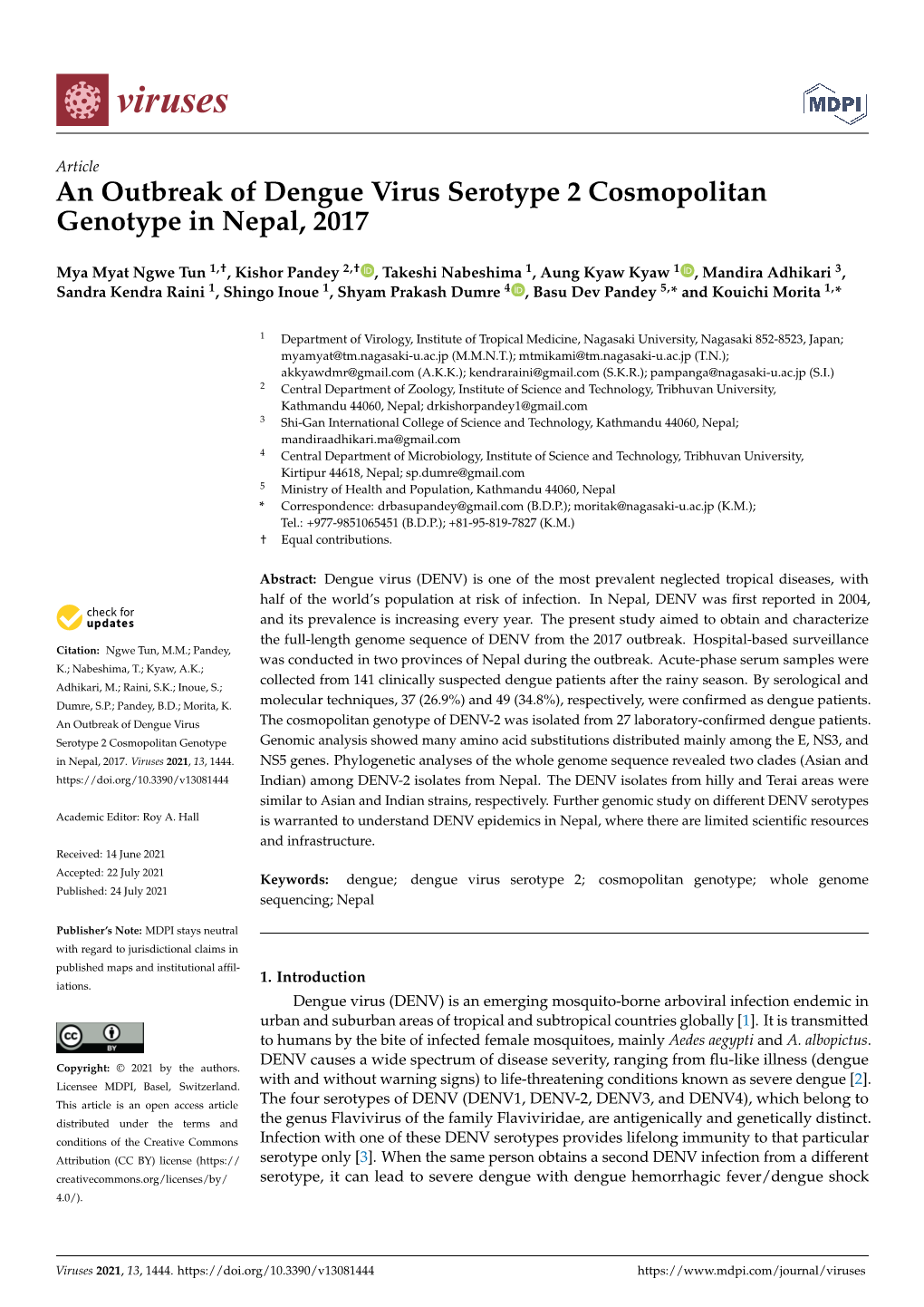 An Outbreak of Dengue Virus Serotype 2 Cosmopolitan Genotype in Nepal, 2017