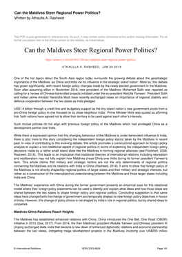 Can the Maldives Steer Regional Power Politics? Written by Athaulla A