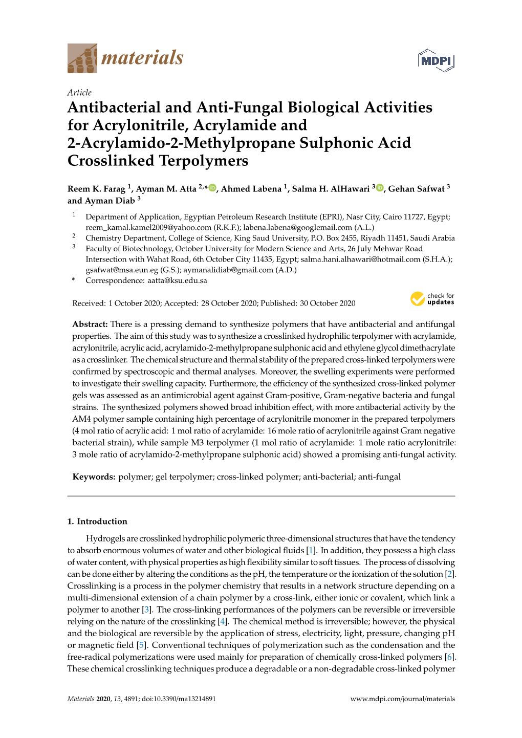 Antibacterial and Anti-Fungal Biological Activities for Acrylonitrile, Acrylamide and 2-Acrylamido-2-Methylpropane Sulphonic Acid Crosslinked Terpolymers