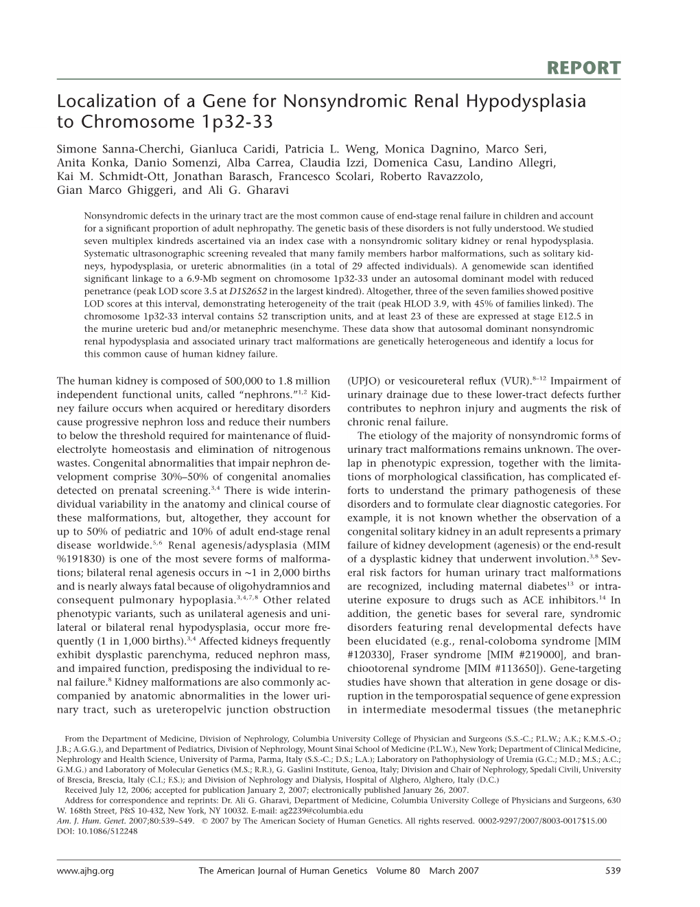 REPORT Localization of a Gene for Nonsyndromic Renal Hypodysplasia to Chromosome 1P32-33