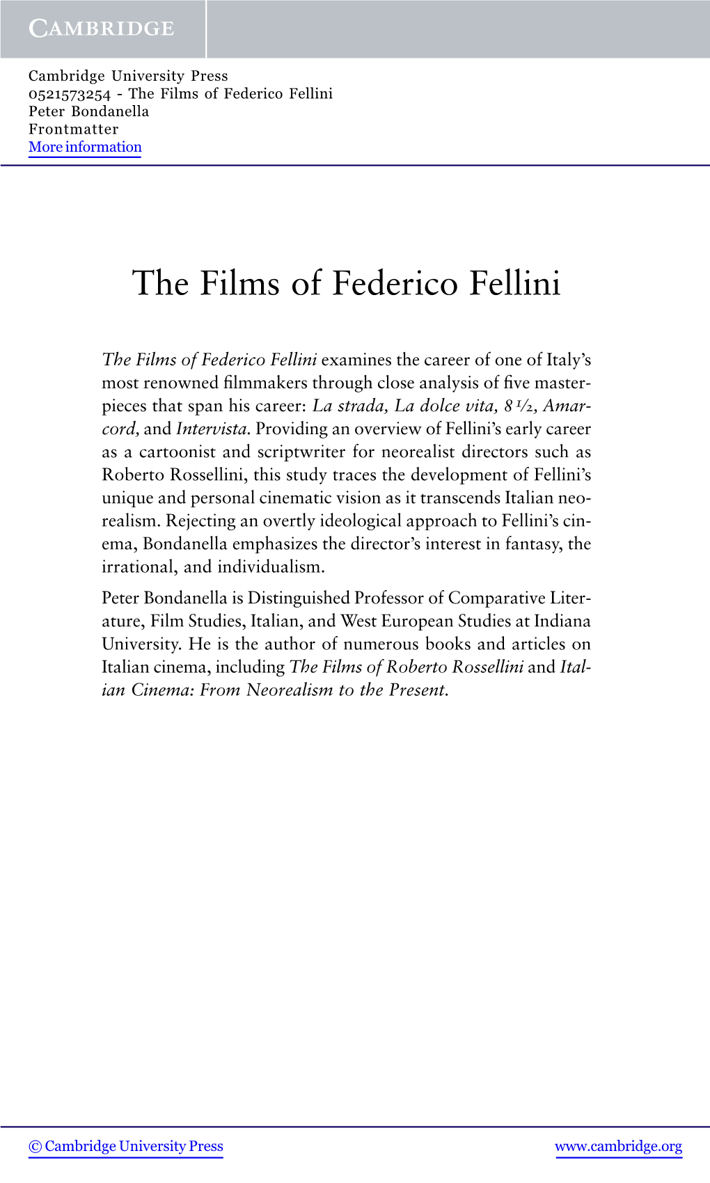 The Films of Federico Fellini Peter Bondanella Frontmatter More Information