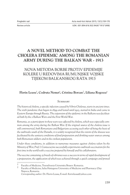 A Novel Method to Combat the Cholera Epidemic Among the Romanian Army During the Balkan War - 1913