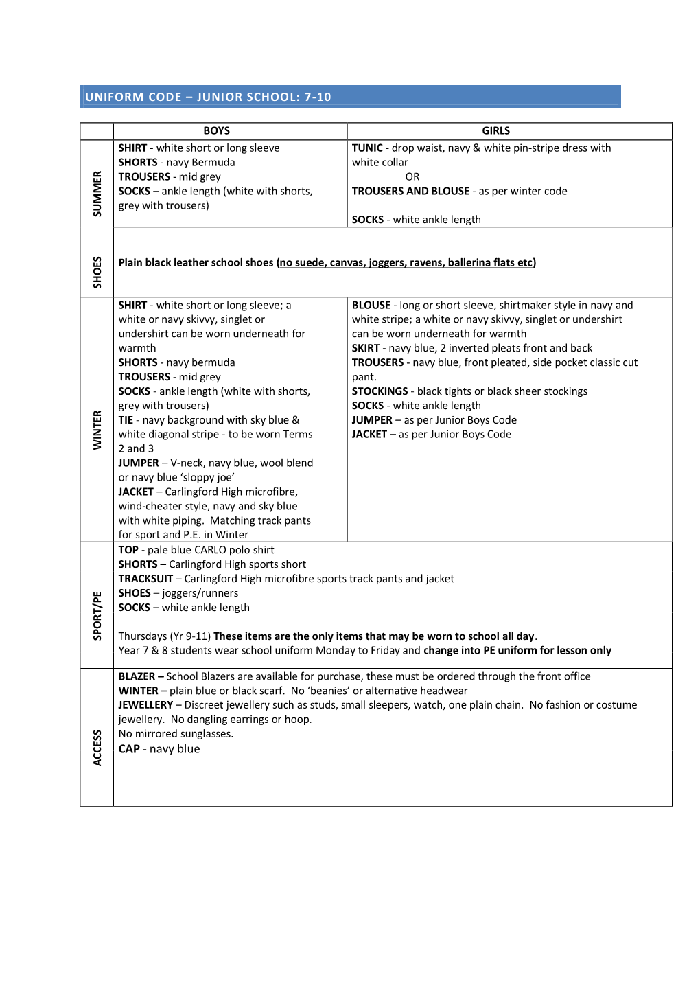 Uniform Code – Junior School: 7-10