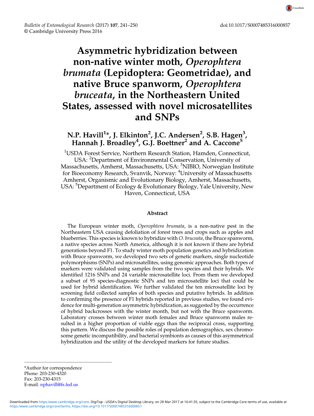 Asymmetric Hybridization Between Non-Native Winter Moth