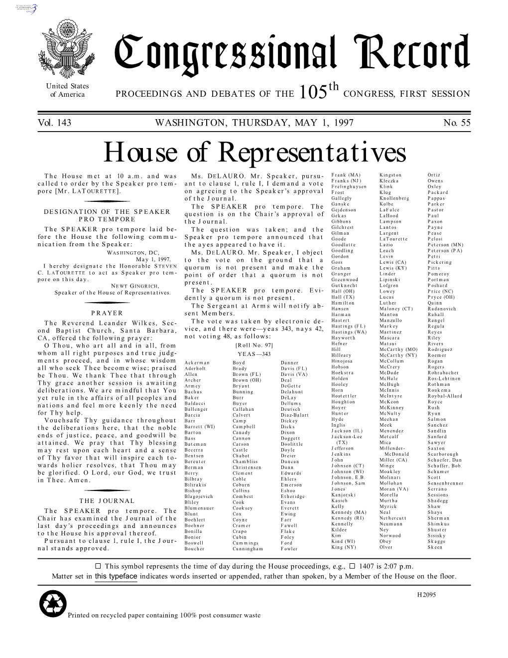 Congressional Record United States Th of America PROCEEDINGS and DEBATES of the 105 CONGRESS, FIRST SESSION