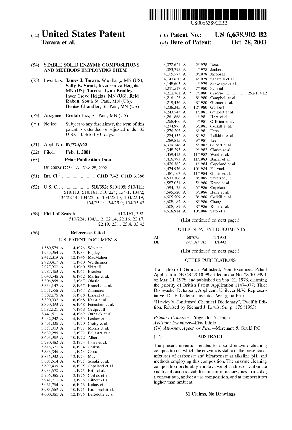 (12) United States Patent (10) Patent No.: US 6,638,902 B2 Tarara Et Al