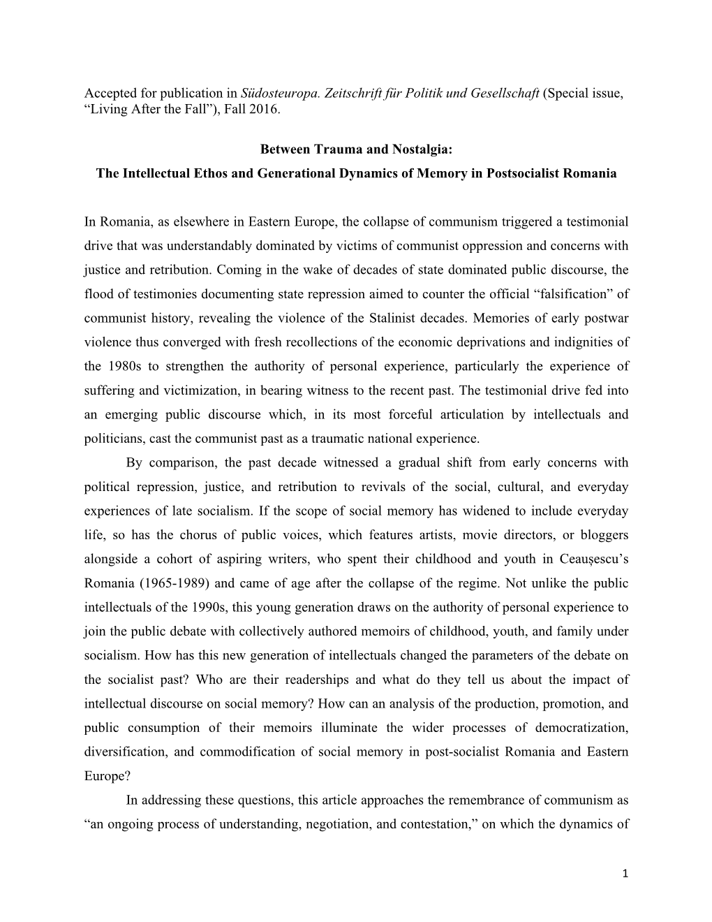 Accepted for Publication in Südosteuropa