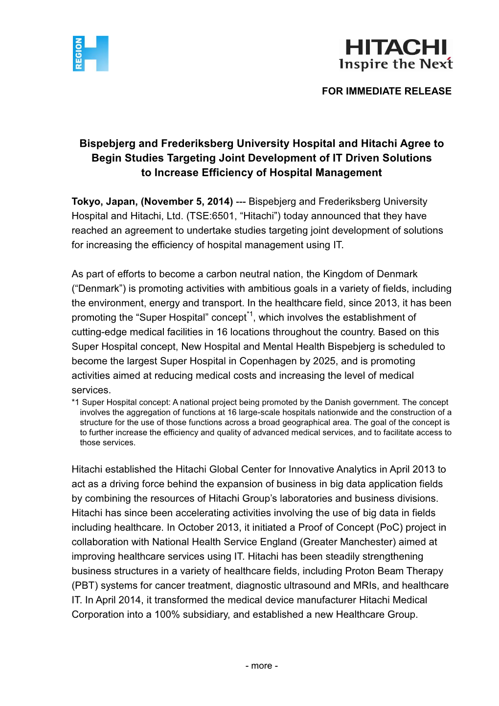 Bispebjerg and Frederiksberg University Hospital and Hitachi Agree to Begin Studies Targeting Joint Development of IT Driven