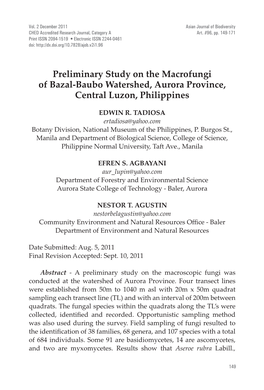 Preliminary Study on the Macrofungi of Bazal-Baubo Watershed, Aurora Province, Central Luzon, Philippines