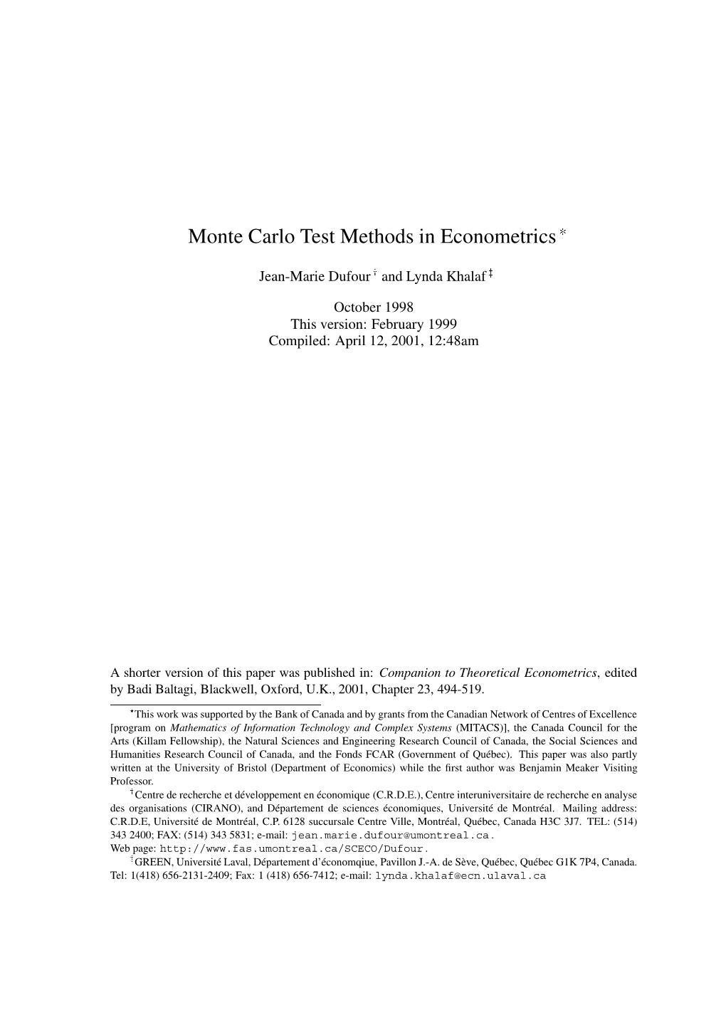 Monte Carlo Test Methods in Econometrics*
