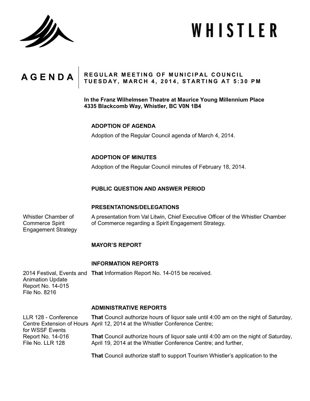 Agenda Regular Meeting of Municipal Council