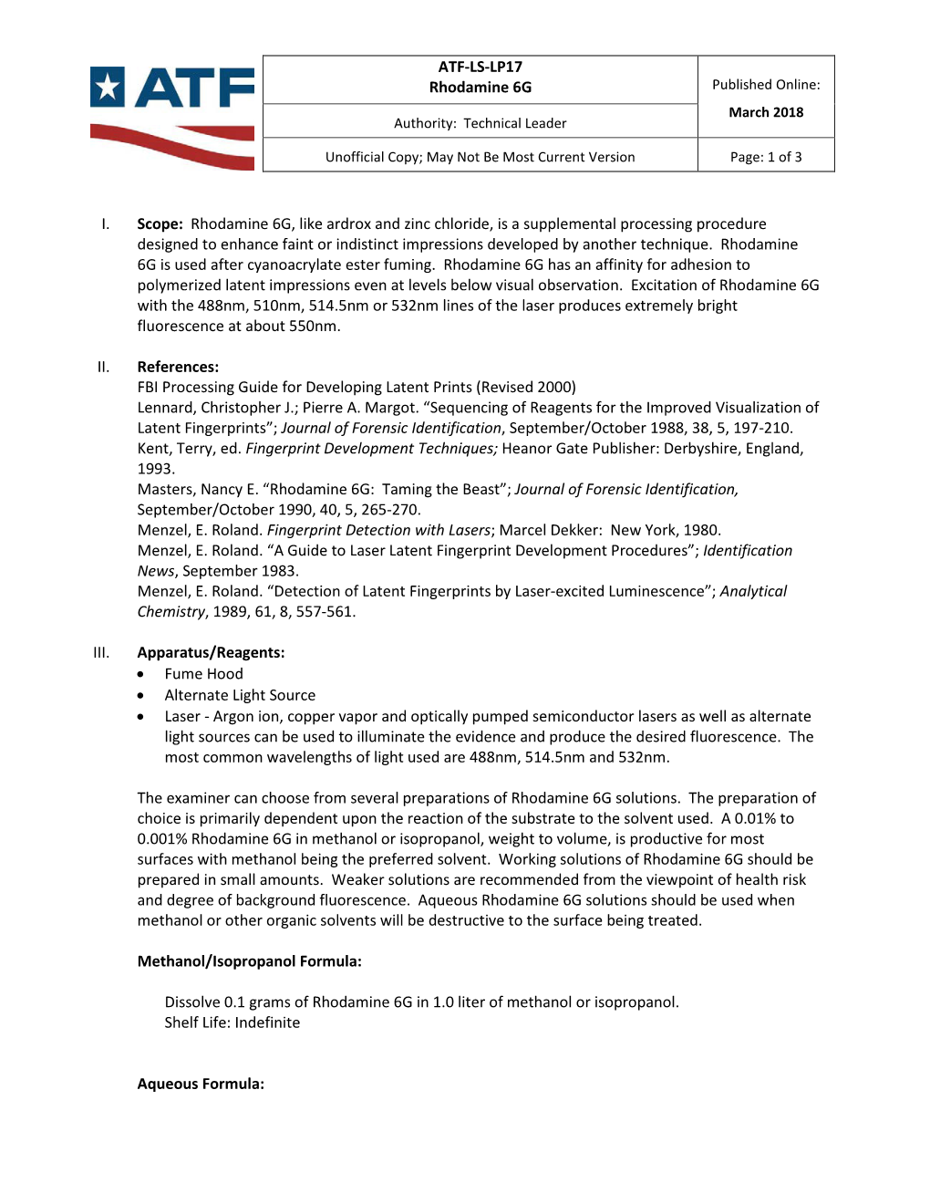 ATF-LS-LP17 Rhodamine 6G Published Online: Rl ATF 1------I March 2018 Authority: Technical Leader
