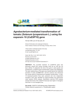 Agrobacterium-Mediated Transformation of Tomato (Solanum Lycopersicum L.) Using the Expansin 10 (Csexp10) Gene
