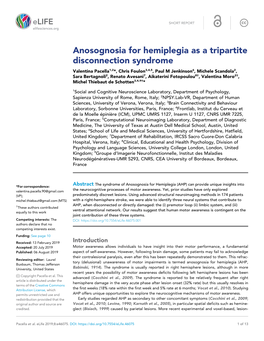 Anosognosia for Hemiplegia As a Tripartite Disconnection Syndrome