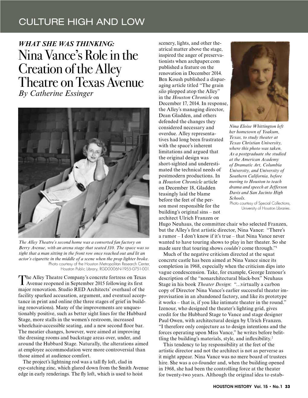 Nina Vance's Role in the Creation of the Alley Theatre on Texas Avenue