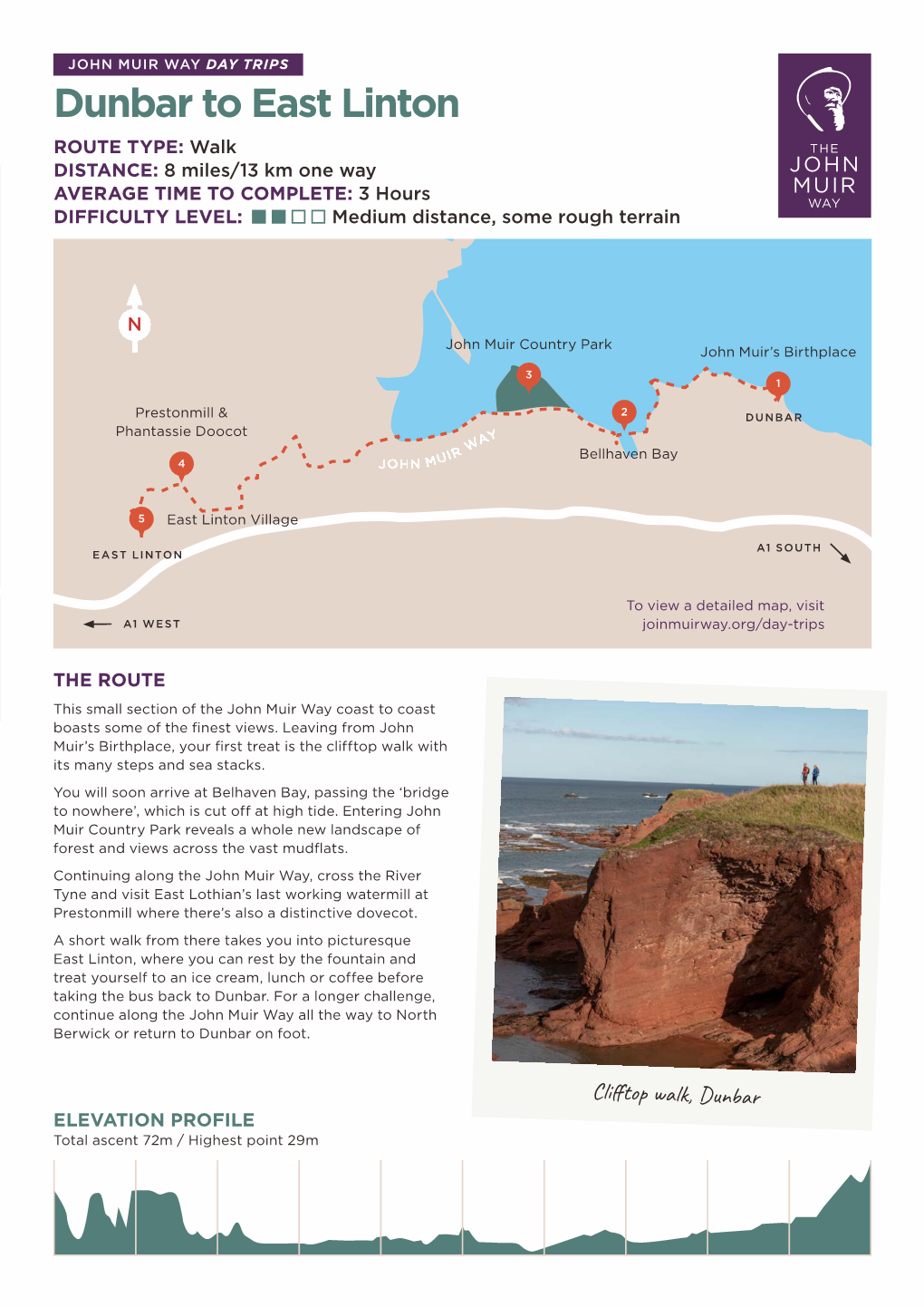 Dunbar to East Linton ROUTE TYPE: Walk DISTANCE: 8 Miles/13 Km One Way AVERAGE TIME to COMPLETE: 3 Hours DIFFICULTY LEVEL: Medium Distance, Some Rough Terrain