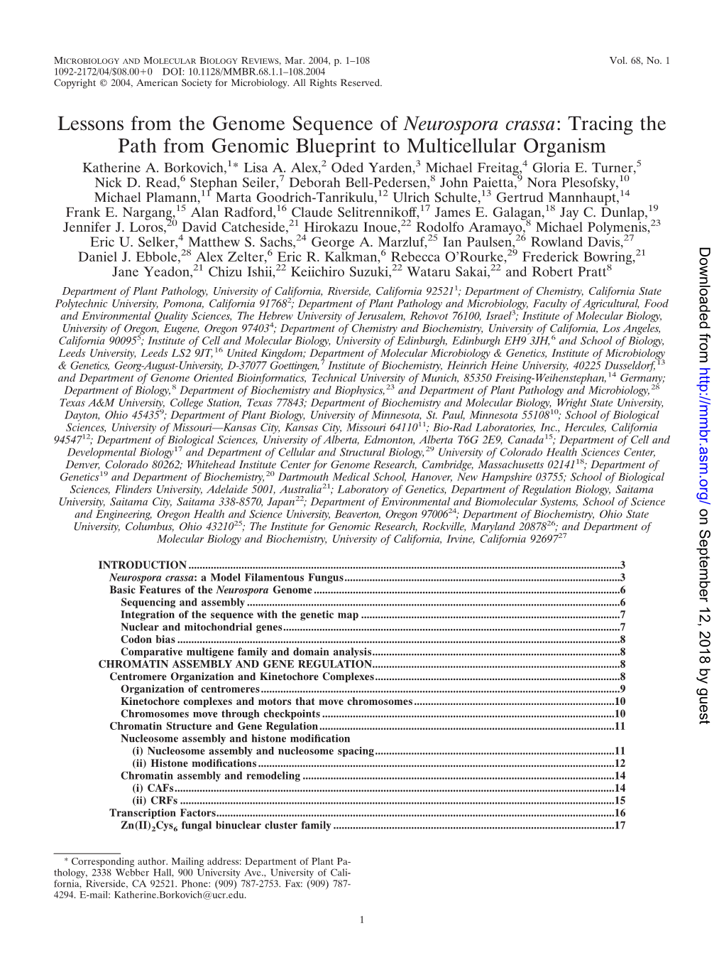 Lessons from the Genome Sequence of Neurospora Crassa: Tracing the Path from Genomic Blueprint to Multicellular Organism Katherine A