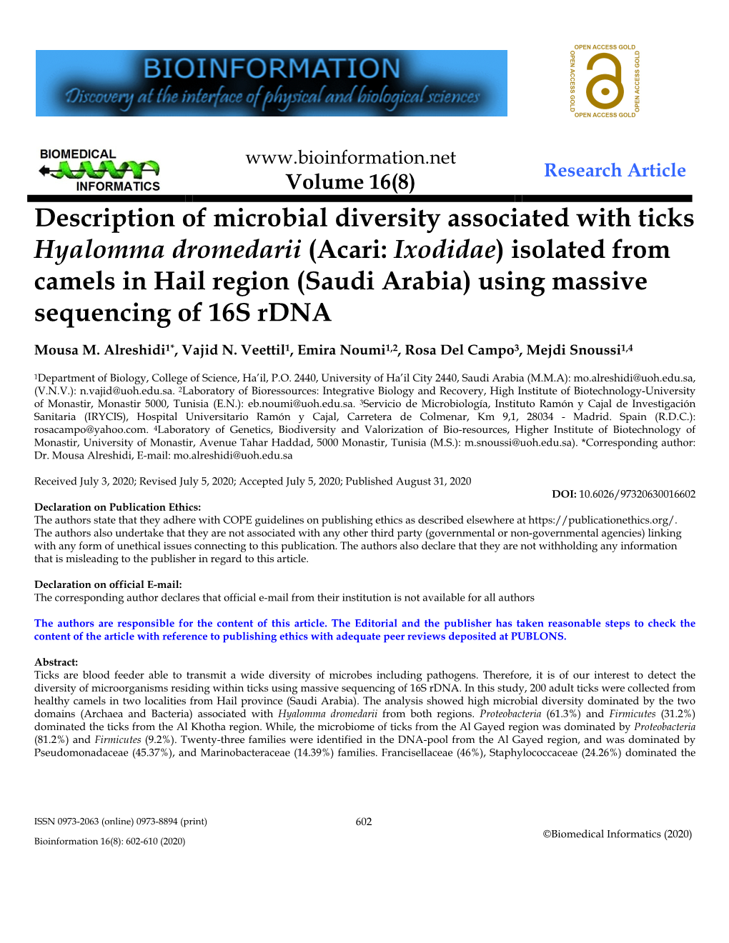 Description of Microbial Diversity Associated with Ticks Hyalomma