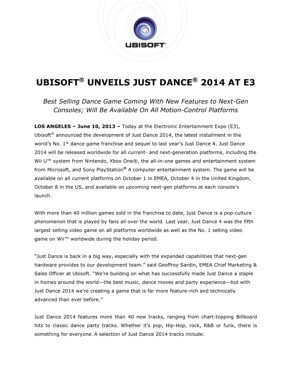 Ubisoft® Unveils Just Dance® 2014 at E3