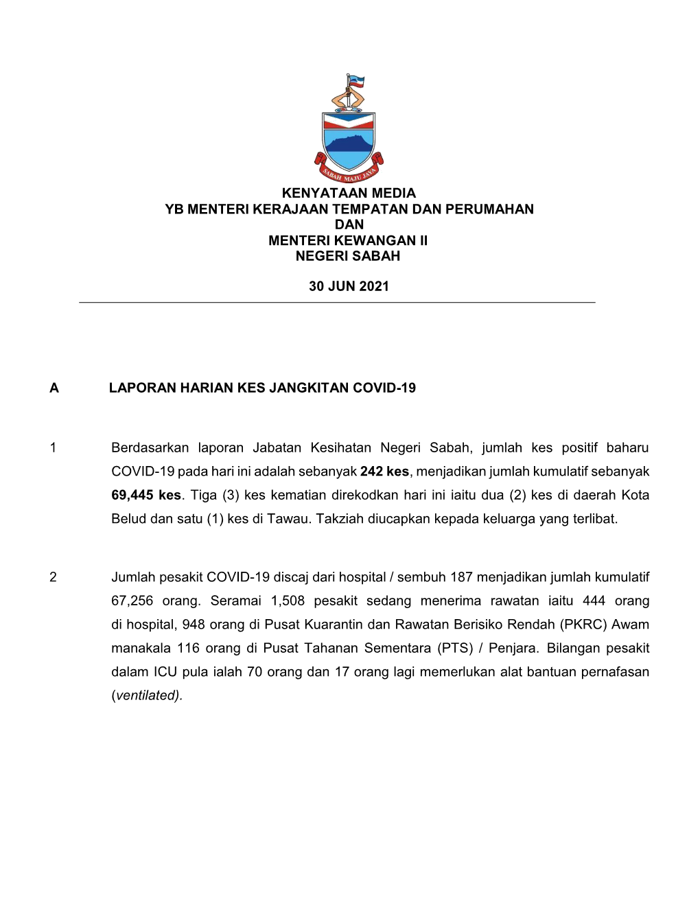 Kenyataan Media Yb Menteri Kerajaan Tempatan Dan Perumahan Dan Menteri Kewangan Ii Negeri Sabah 30 Jun 2021 a Laporan Harian Ke