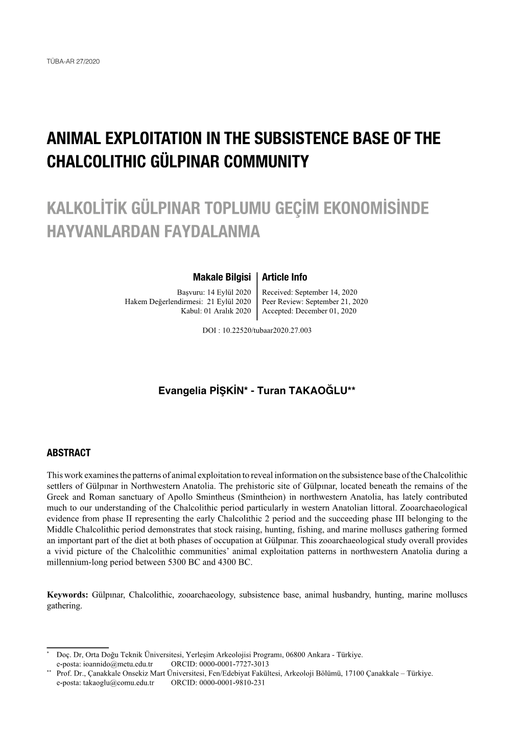 Animal Exploitation in the Subsistence Base of the Chalcolithic Gülpinar Community