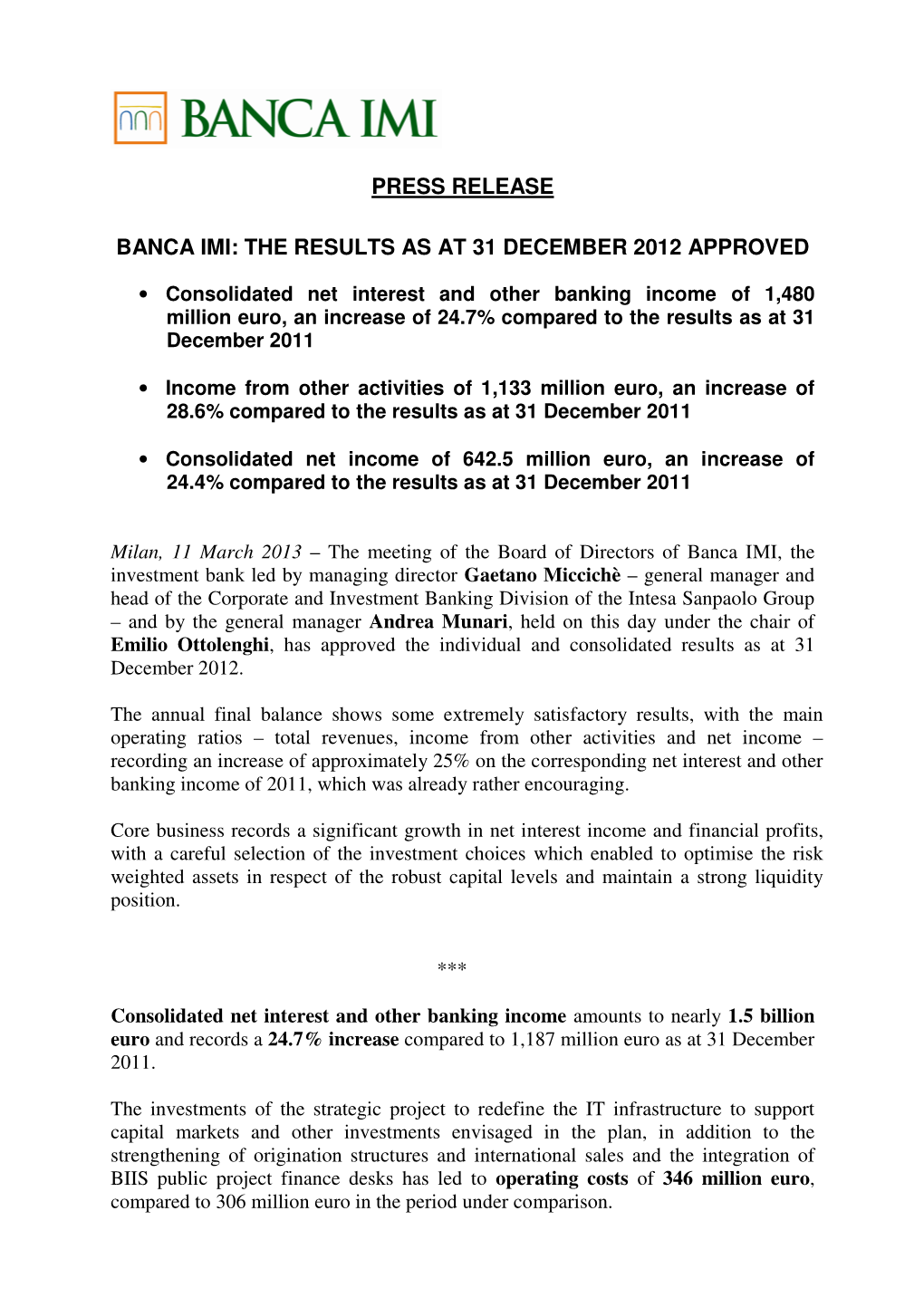 Press Release Banca