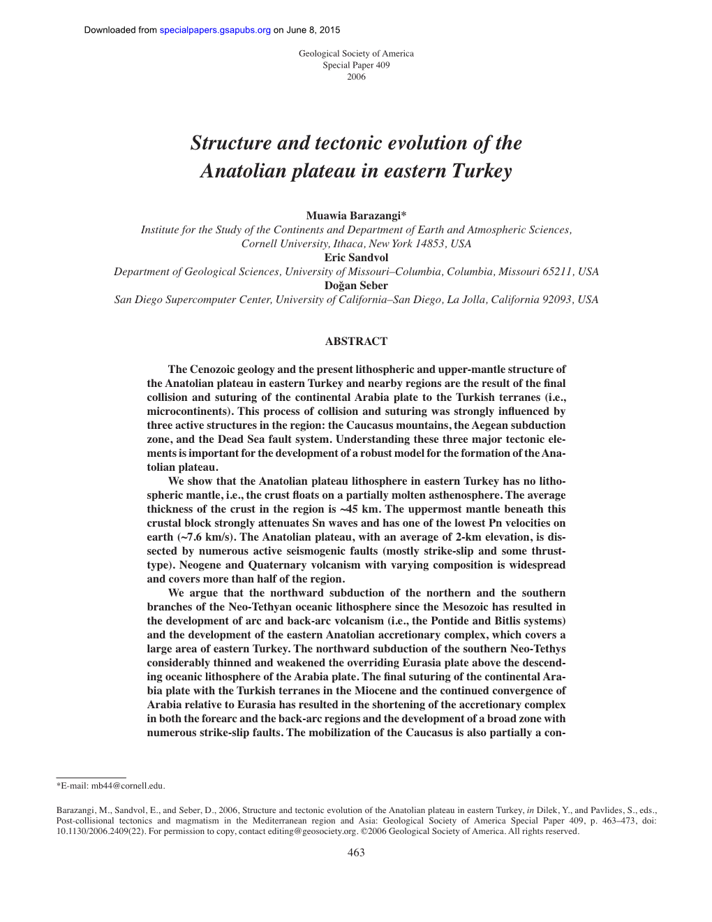 Structure and Tectonic Evolution of the Anatolian Plateau in Eastern Turkey