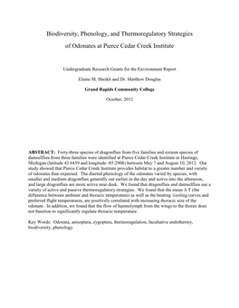 Biodiversity, Phenology, and Thermoregulatory Strategies of Odonates at Pierce Cedar Creek Institute