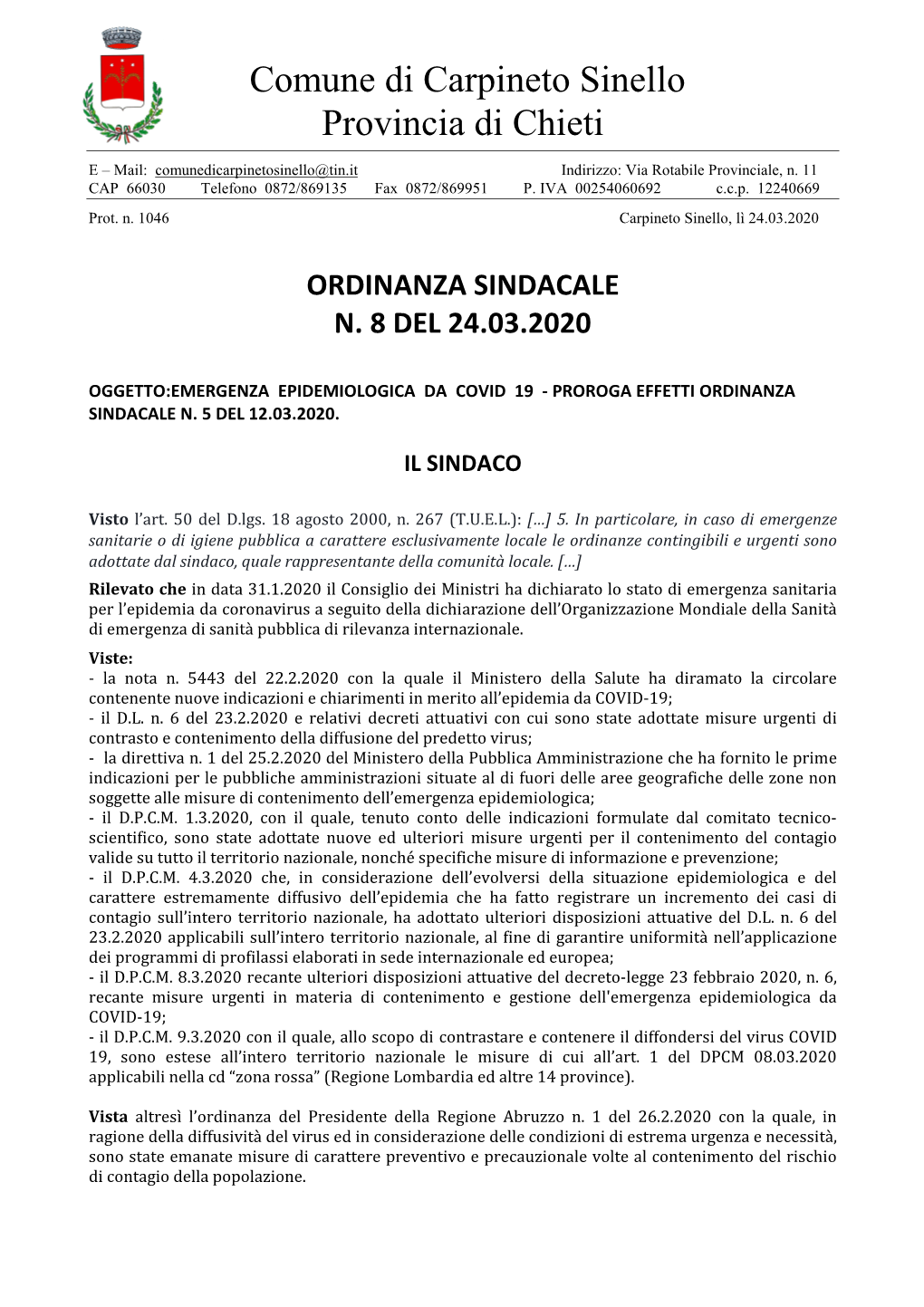 Comune Di Carpineto Sinello Provincia Di Chieti