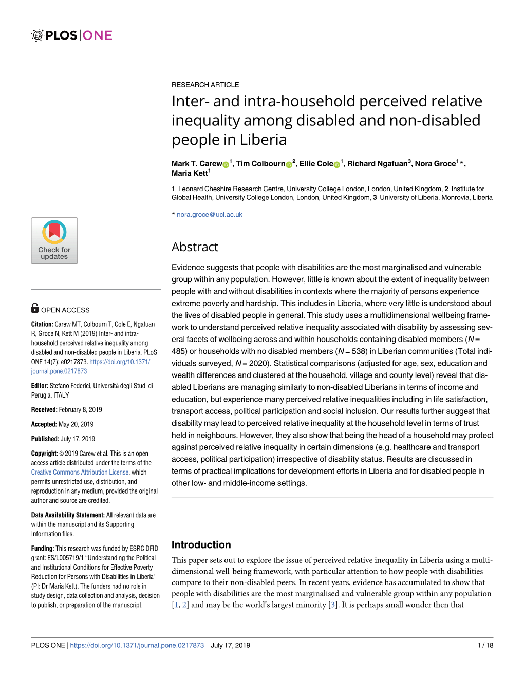 And Intra-Household Perceived Relative Inequality Among Disabled and Non-Disabled People in Liberia