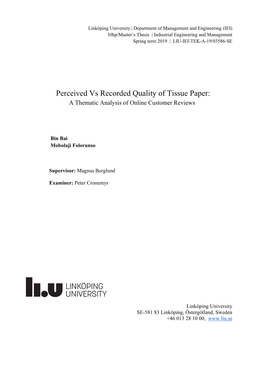 Perceived Vs Recorded Quality of Tissue Paper: a Thematic Analysis of Online Customer Reviews