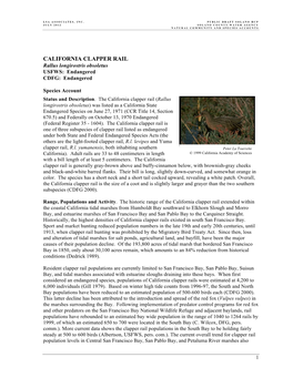 CALIFORNIA CLAPPER RAIL Rallus Longirostris Obsoletus USFWS: Endangered CDFG: Endangered