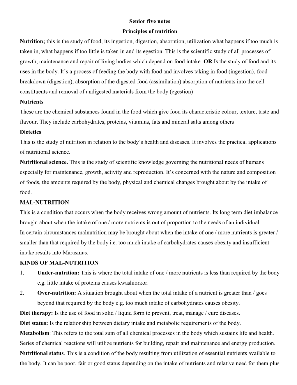 Senior Five Notes Principles of Nutrition Nutrition