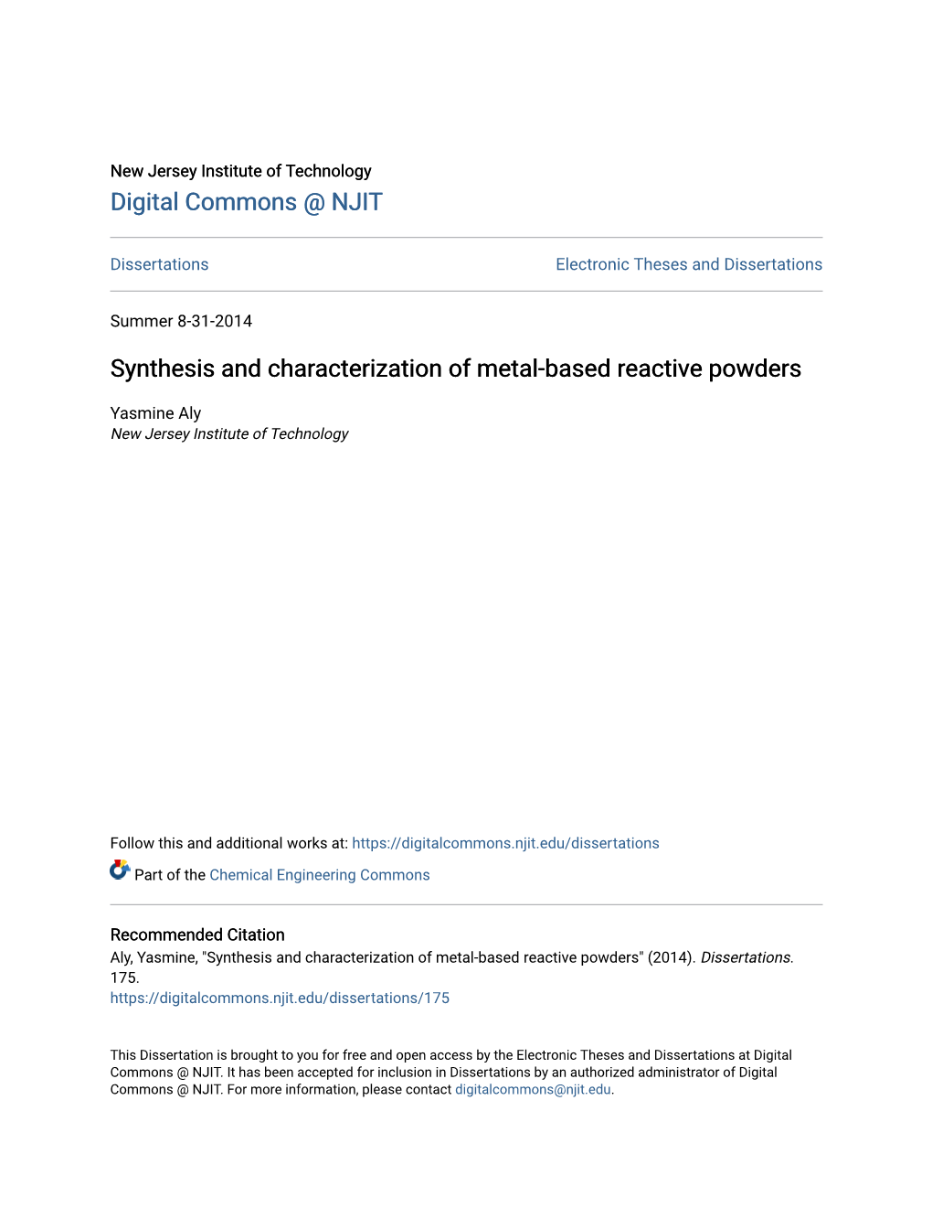 Synthesis and Characterization of Metal-Based Reactive Powders