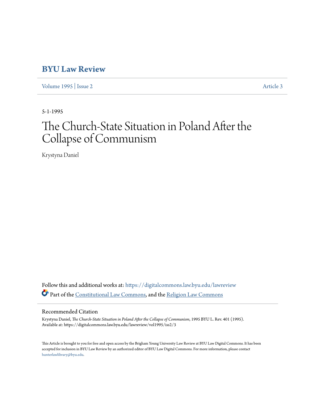 The Church-State Situation in Poland After the Collapse of Communism, 1995 BYU L