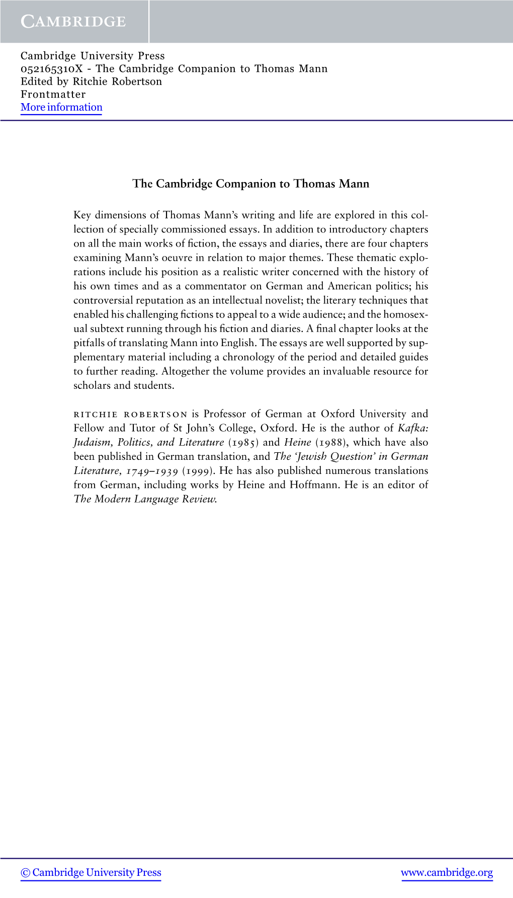 The Cambridge Companion to Thomas Mann Edited by Ritchie Robertson Frontmatter More Information