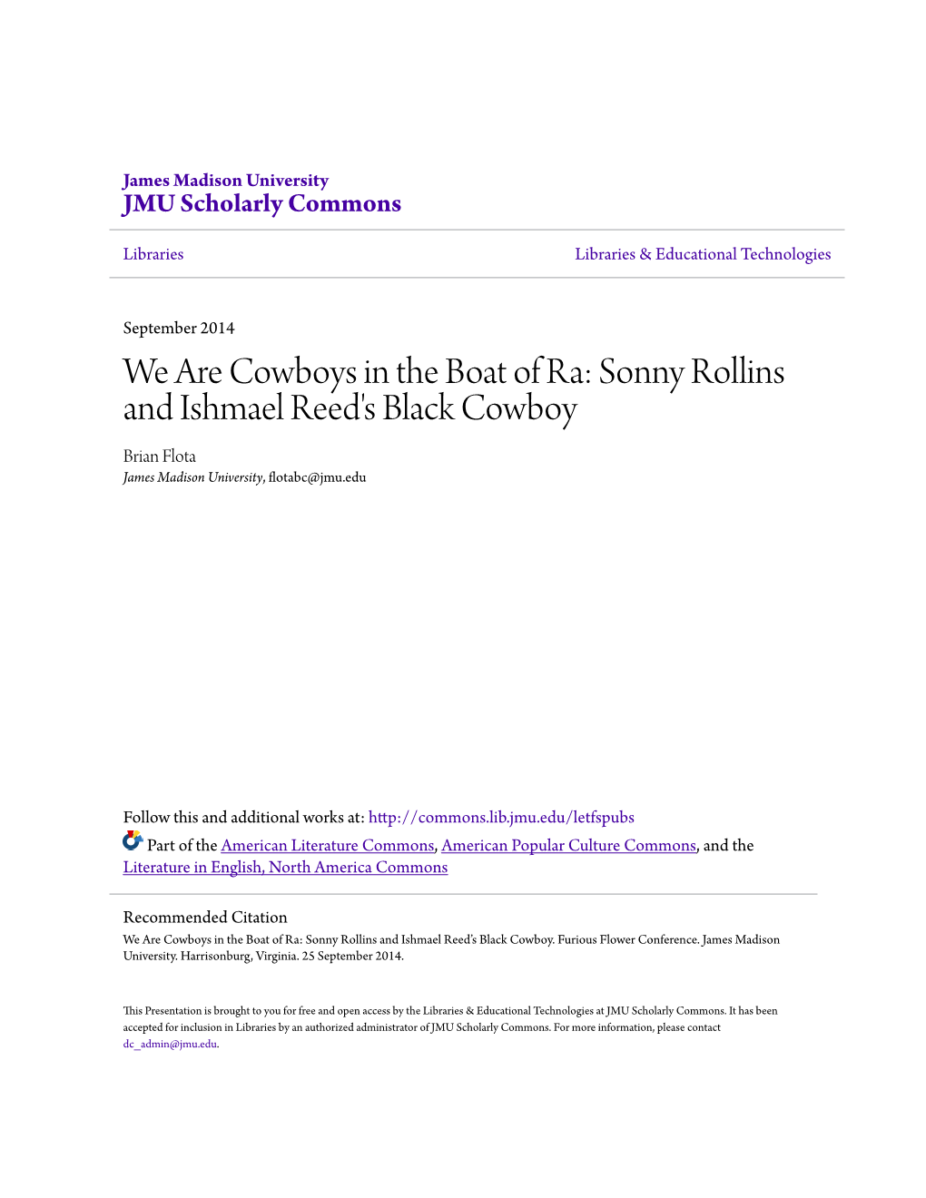 Sonny Rollins and Ishmael Reed's Black Cowboy Brian Flota James Madison University, Flotabc@Jmu.Edu