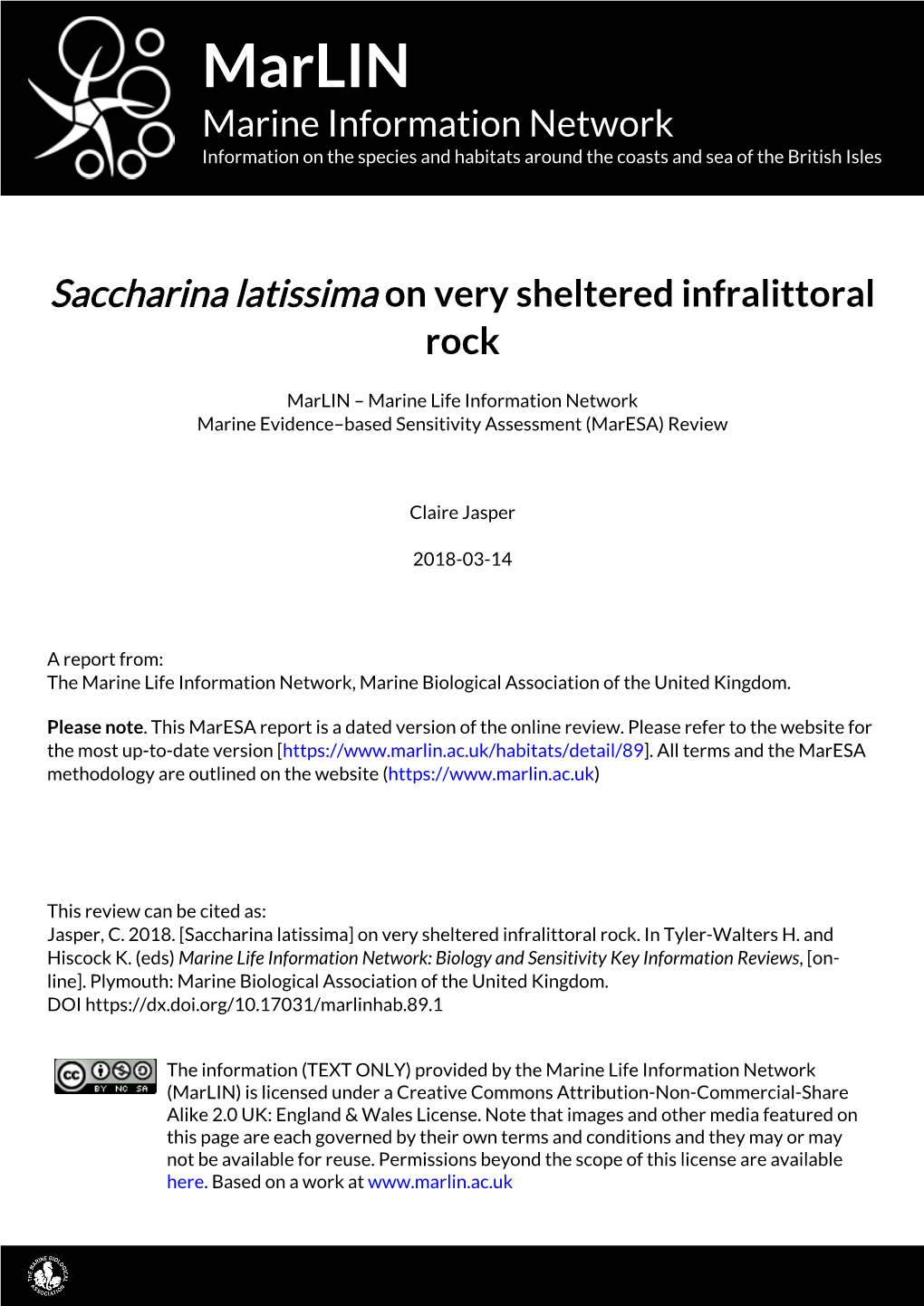 Marlin Marine Information Network Information on the Species and Habitats Around the Coasts and Sea of the British Isles