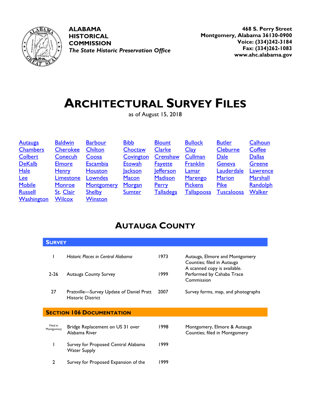 ARCHITECTURAL SURVEY FILES As of August 15, 2018