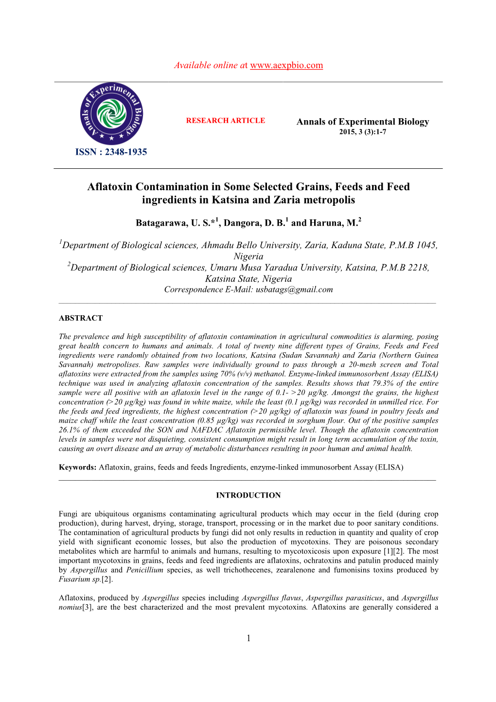 Aflatoxin Contamination in Some Selected Grains, Feeds and Feed Ingredients in Katsina and Zaria Metropolis