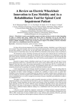 A Review on Electric Wheelchair Innovation to Ease Mobility and As a Rehabilitation Tool for Spinal Cord Impairment Patient M